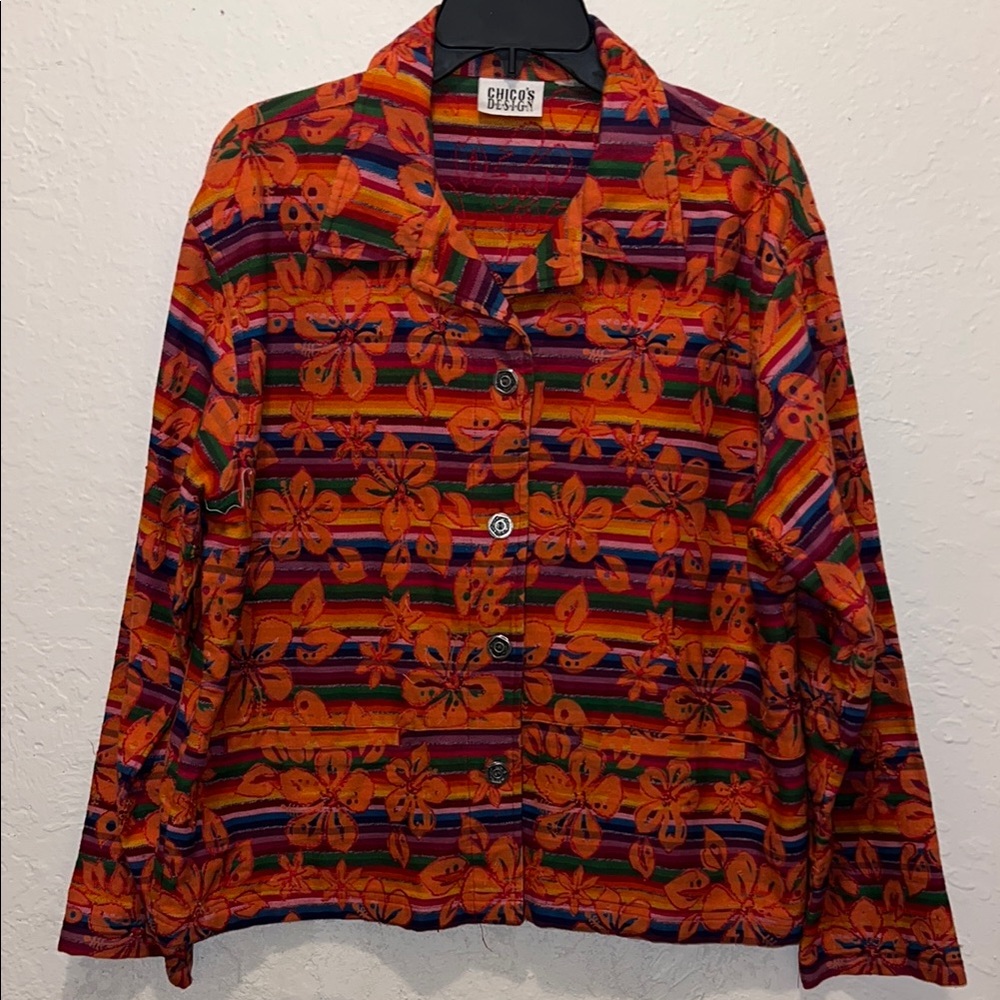Vintage Chico’s Tropical Floral Hawaiian Embroidered Jacket Artsy Jean Jacket - Picture 3 of 8